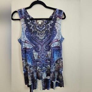 World Unity Women's Blue Paisley Sleeveless Tunic Top Sz S Rhinestones Lace